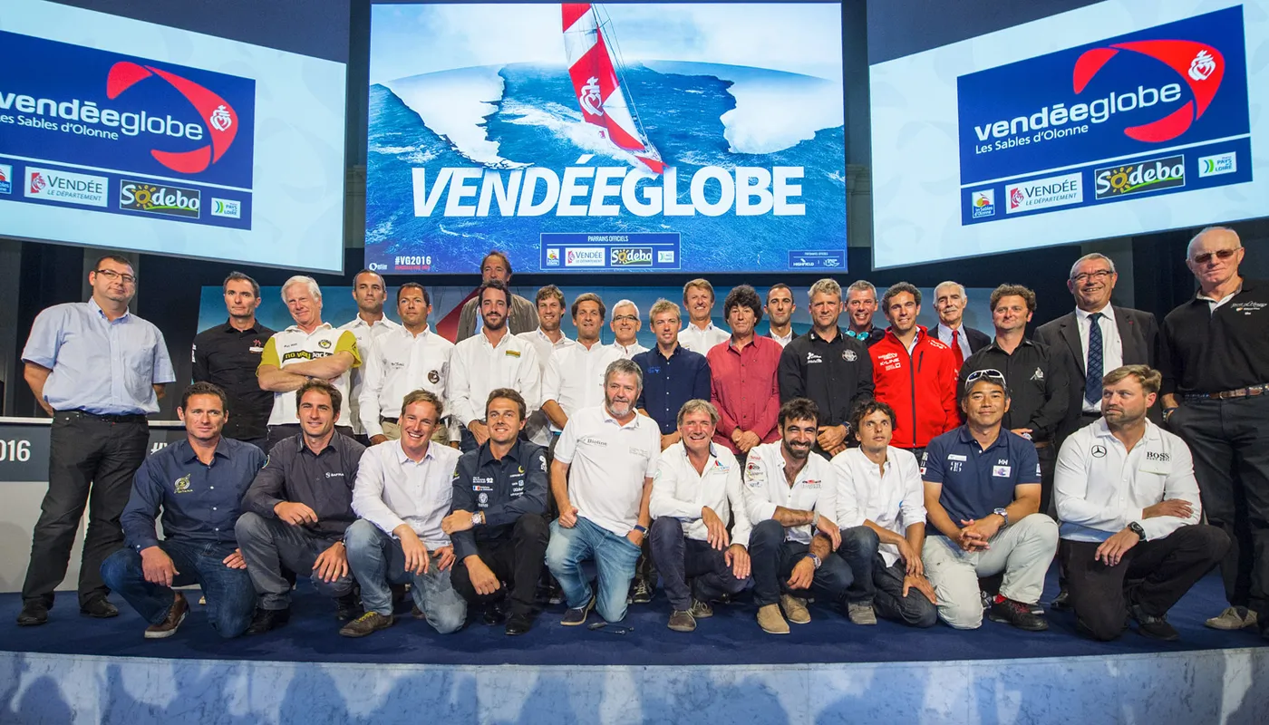 Skippers durant le lancement officiel du Vendée Globe 2016 au Palais Brongniart à Paris, le 14 septembre 2016