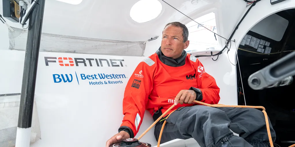 LORIENT, FRANCE - JULY 15, 2024 : Fortinet - Best Western skipper Romain Attanasio (FRA) is pictured during training, on July 15, 2024 in Lorient, France. (Photo by Adrien Nivet / polaRYSE)