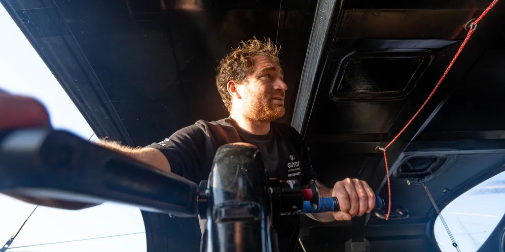LES SABLES D’OLONNE, FRANCE - APRIL 28, 2022 : GUYOT Environnement - Water Family skipper Benjamin Dutreux (FRA) is pictured on April 28, 2022 off Les Sables d'Olonne, France - Photo by Charles Drapeau