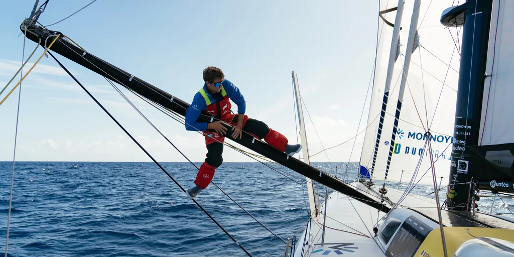 LORIENT, FRANCE - SEPTEMBER 12, 2024 : Monnoyeur - Duo for a Job skipper Benjamin Ferré (FRA) is pictured on September 12, 2024 off Lorient, France - Photo by Lou-Kevin Roquais
