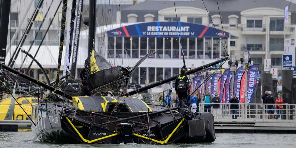 LES SABLES D'OLONNE, FRANCE - OCTOBER 17, 2024: Hublot skipper Alan Roura (SUI) and his crew are arriving at pontoon before start of the Vendee Globe, on October 17, 2024 in Les Sables d'Olonne, France - (Photo by Olivier Blanchet / Alea)