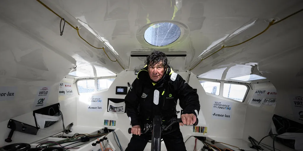French skipper Jean Le Cam sails his Imoca monohull "Tout commence en Finistere-Armor Lux", off Port-La-Foret, western France, a few months prior to take the start of the Vendee Globe around-the-world solo sailing race, on April 15, 2024. (Photo by LOIC VENANCE / AFP)