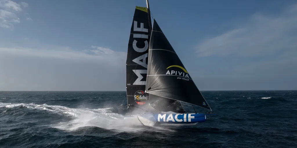 LORIENT, FRANCE - OCTOBER 8, 2024 : MACIF Santé Prévoyance skipper Charlie Dalin (FRA) is pictured training on October 8, 2024 in Lorient, France - Photo by Ronan Gladu / Disobey / Macif