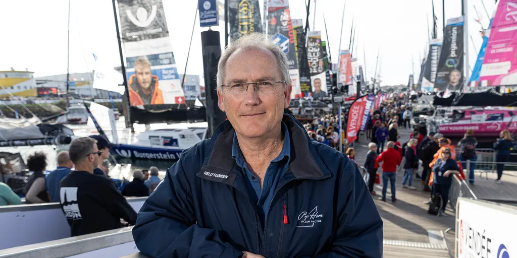 LES SABLES D'OLONNE, FRANCE - NOVEMBER 8, 2024: Pete Goss, former competitor and rescuer of Raphael Dinelli, is photographed on pontoons during prestart of the Vendee Globe, on 8 November, 2024 in Les Sables d'Olonne, France. (Photo by Lloyd Images / Alea)