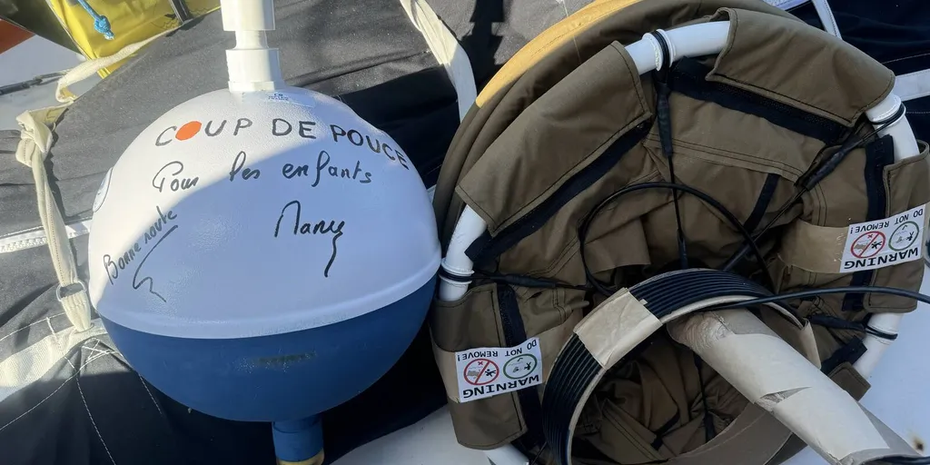 COURSE, 18 NOVEMBRE 2024 : Photo envoyée depuis le bateau Coup de Pouce lors de la course à la voile du Vendée Globe le 18 novembre 2024. (Photo du skipper Manuel Cousin) Bouée scientifique envoyée au large
