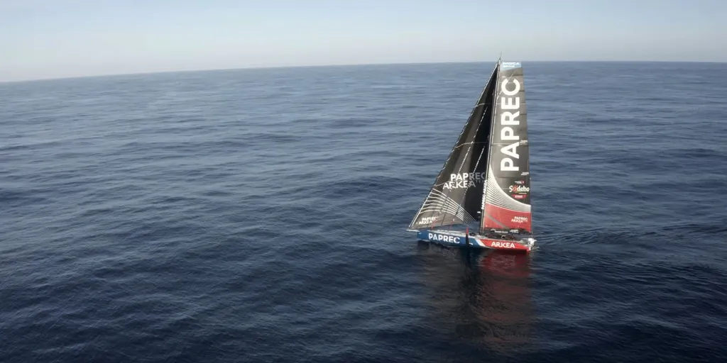 RACE, DECEMBER 26, 2024 : Photo shot by drone and sent from the boat PAPREC ARKÉA during the Vendee Globe sailing race on December 26, 2024. (Photo by skipper Yoann Richomme)

