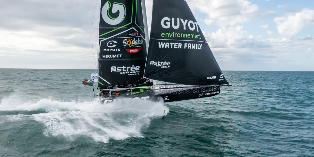 LES SABLES D'OLONNE, FRANCE - OCTOBER 12, 2024 : GUYOT Environnement - Water Family skipper Benjamin Dutreux (FRA) is photographed on October 12, 2024 off Les Sables d'Olonne, France - Photo by Charles Drapeau