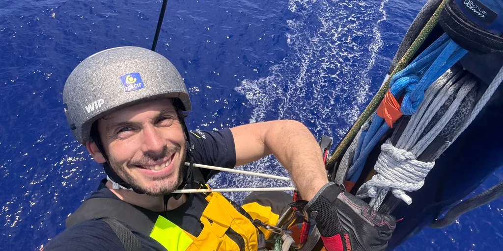 RACE, JANUARY 02, 2025 : Photo sent from the boat MACIF Santé Prévoyance during the Vendee Globe sailing race on January 02, 2025. (Photo by skipper Charlie Dalin)Up the mast