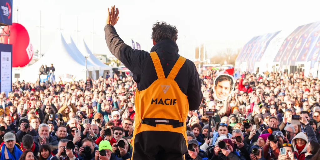 LES SABLES D'OLONNE, FRANCE - JANUARY 14, 2025 : MACIF Santé Prévoyance skipper Charlie Dalin (FRA) is photographed on onstage with the trophy after winning the Vendee Globe 2024, on January 14, 2025 in Les Sables d'Olonne, France. (Photo by Lloyd Images / Alea)