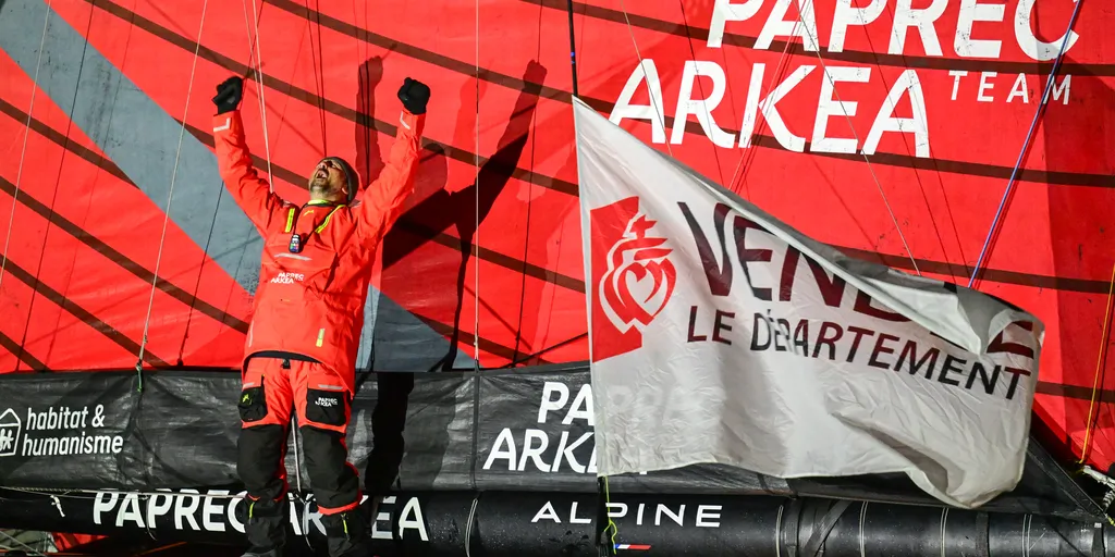 LES SABLES D'OLONNE, FRANCE - JANUARY 15, 2025 : PAPREC ARKÉA skipper Yoann Richomme (FRA) is photographed after coming in second place in the Vendee Globe 2024, on January 15, 2025 in Les Sables d'Olonne, France. (Photo by Vincent Curutchet / Alea)