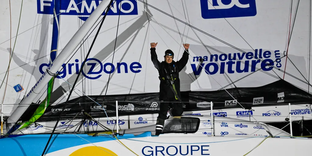 LES SABLES D'OLONNE, FRANCE - JANUARY 17, 2025 : Groupe Dubreuil skipper Sébastien Simon (FRA) is photographed taking 3rd place in the Vendee Globe, on January 17, 2025 in Les Sables d'Olonne, France - (Photo by Jean-Louis Carli / Alea)