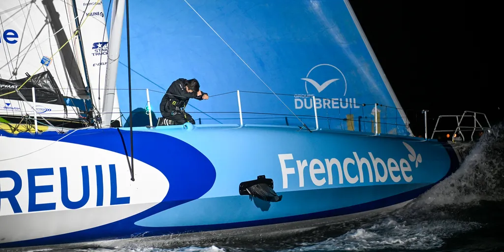 LES SABLES D'OLONNE, FRANCE - JANUARY 17, 2025 : Groupe Dubreuil skipper Sébastien Simon (FRA) is photographed taking 3rd place in the Vendee Globe, on January 17, 2025 in Les Sables d'Olonne, France - (Photo by Jean-Louis Carli / Alea)