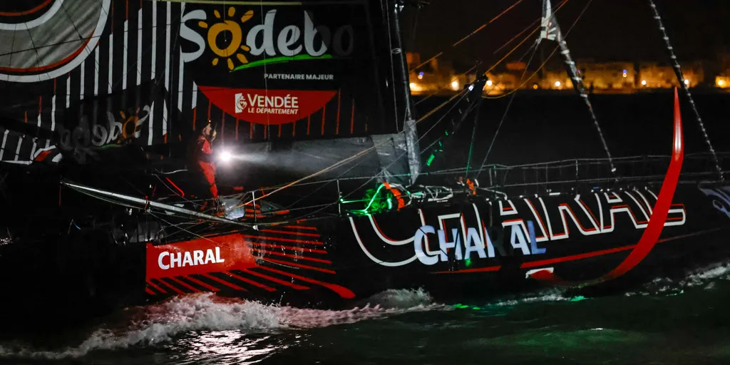 LES SABLES D'OLONNE, FRANCE - JANUARY 24, 2025 : Charal skipper Jérémie Beyou (FRA) is photographed crossing the line to take 4th place in the Vendee Globe, on January 24, 2025 in Les Sables d'Olonne, France - (Photo by Anne Beauge / Alea)