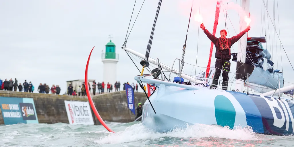 LES SABLES D'OLONNE, FRANCE - JANUARY 24, 2025 : Biotherm skipper Paul Meilhat (FRA) is photographed in the channel after taking 5th place in the Vendee Globe, on January 24, 2025 in Les Sables d'Olonne, France - (Photo by Lloyd Images / Alea)