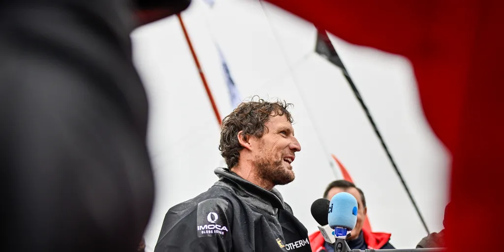 LES SABLES D'OLONNE, FRANCE - JANUARY 24, 2025 : Biotherm skipper Paul Meilhat (FRA) is photographed after taking 5th place in the Vendee Globe, on January 24, 2025 in Les Sables d'Olonne, France - (Photo by Jean-Louis Carli / Alea)
