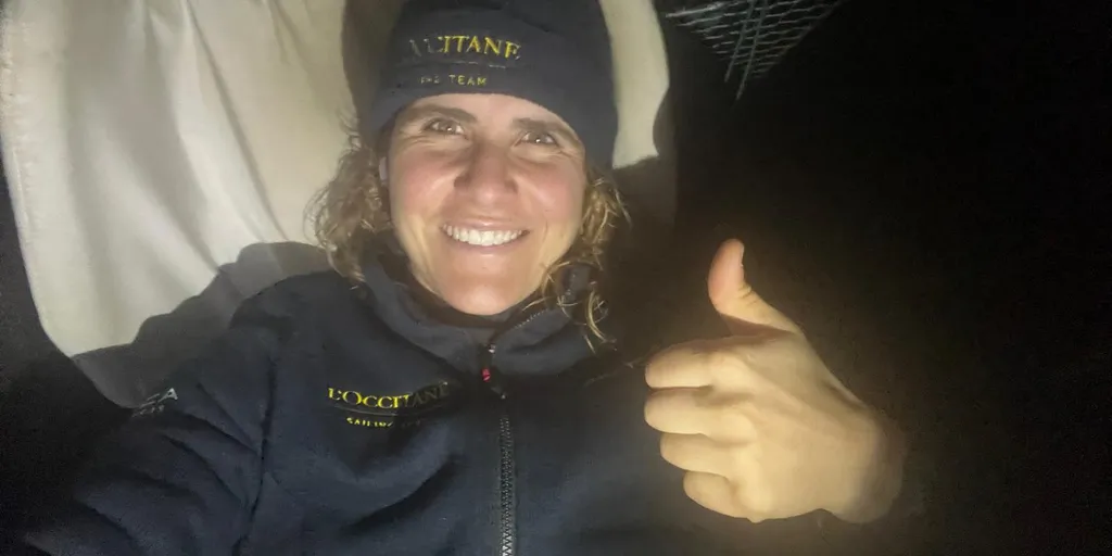 RACE, JANUARY 27, 2025 : Photo sent from the boat L’Occitane en Provence after crossing he line, to celebrate 11th place in the Vendee Globe sailing race on January 27, 2025. (Photo by skipper Clarisse Crémer)
