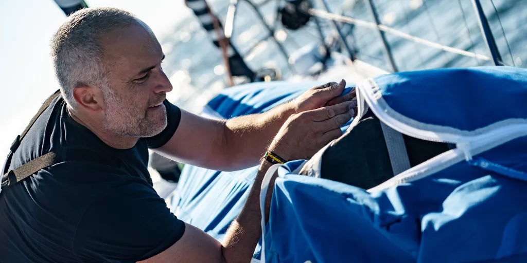 LORIENT, FRANCE - SEPTEMBER 17, 2024 : Nexans - Wewise skipper Fabrice Amedeo (FRA) is pictured during training, on September 17, 2024 off Lorient, France - Photo Gauthier Lebec / Reporter du Large