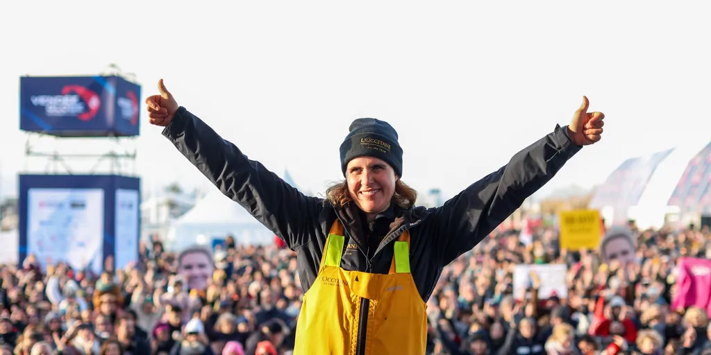 LES SABLES D’OLONNE, FRANCE - FEBRUARY 01, 2025 : L’Occitane en Provence skipper Clarisse Crémer (FRA) is photographed on stage after taking 11th place in the Vendee Globe, on February 01, 2025 in Les Sables d'Olonne, France - (Photo by Lloyd Images / Alea)
