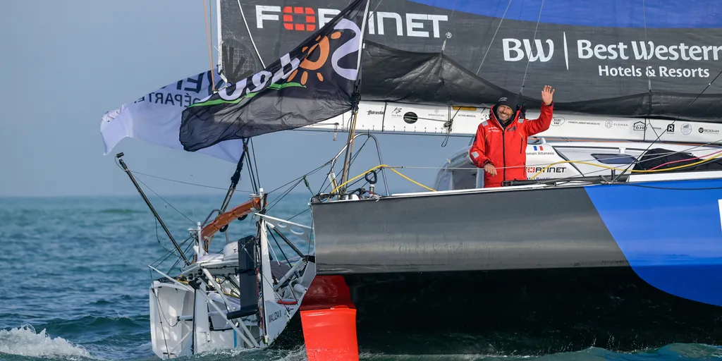 LES SABLES D’OLONNE, FRANCE - FEBRUARY 02, 2025 : Fortinet - Best Western skipper Romain Attanasio (FRA) is photographed after taking 14th place in the Vendee Globe, on February 02, 2025 in Les Sables d'Olonne, France - (Photo by Olivier Blanchet / Alea)