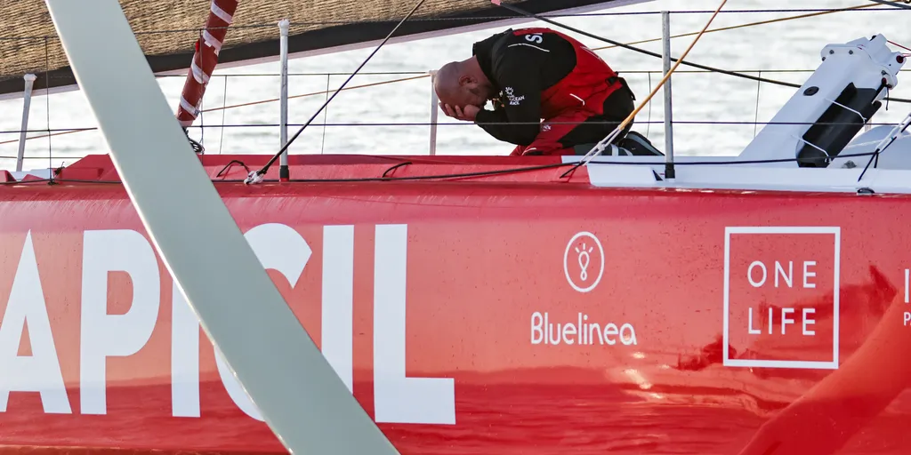 LES SABLES D’OLONNE, FRANCE - FEBRUARY 03, 2025 : Groupe APICIL skipper Damien Seguin (FRA) is photographed after taking 15th place in the Vendee Globe, on February 03, 2025 in Les Sables d'Olonne, France - (Photo by Anne Beauge / Alea)