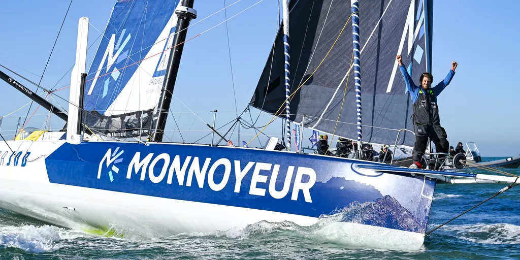 LES SABLES D’OLONNE, FRANCE - FEBRUARY 03, 2025 : Monnoyeur - DUO for a JOB skipper Benjamin Ferré (FRA) is photographed after taking 16th place in the Vendee Globe, on February 03, 2025 in Les Sables d'Olonne, France - (Photo by Vincent Curutchet / Alea)