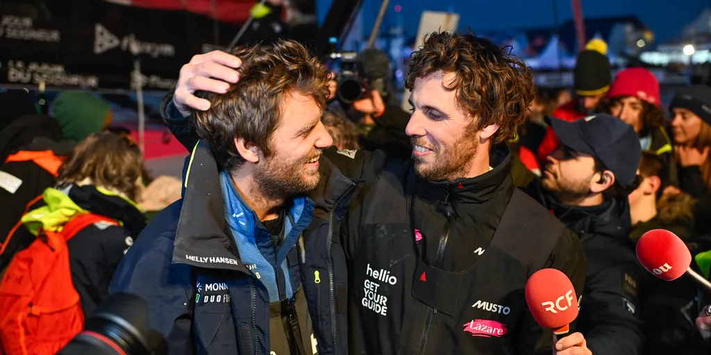 LES SABLES D’OLONNE, FRANCE - FEBRUARY 03, 2025 : Monnoyeur - DUO for a JOB skipper Benjamin Ferré (FRA) and Lazare skipper Tanguy Le Turquais (FRA) is photographed after taking 16th & 17th place in the Vendee Globe, on February 03, 2025 in Les Sables d'Olonne, France - (Photo by Jean-Louis Carli / Alea)