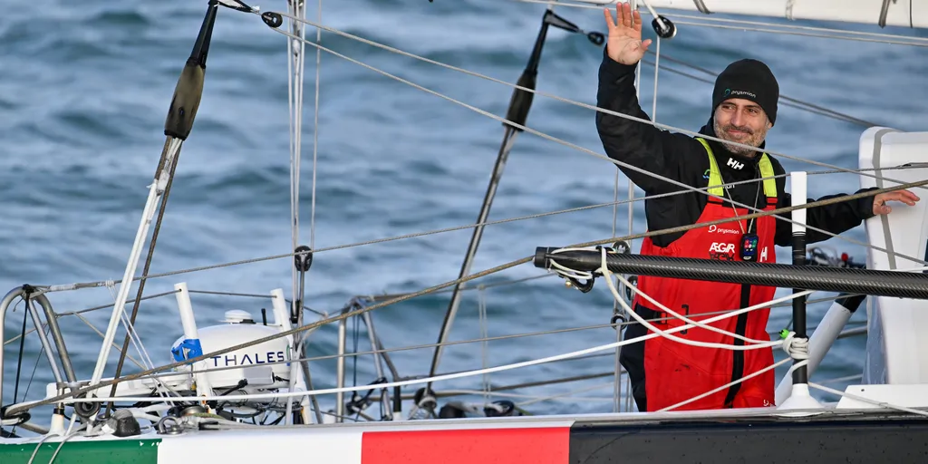 LES SABLES D’OLONNE, FRANCE - FEBRUARY 04, 2025 : Prysmian skipper Giancarlo Pedote (ITA) is photographed after taking 22nd place in the Vendee Globe, on February 04, 2025 in Les Sables d'Olonne, France - (Photo by Jean-Louis Carli / Alea)