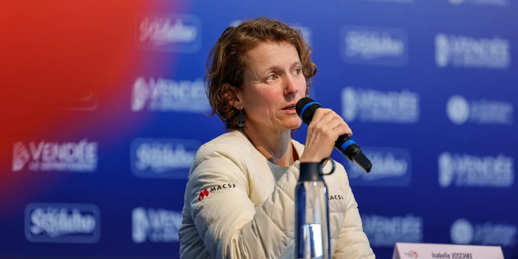 LES SABLES D’OLONNE, FRANCE - FEBRUARY 04, 2025 : MACSF skipper Isabelle Joschke (GER-FRA) speaks onstage after taking 19th place in the Vendee Globe, on February 04, 2025 in Les Sables d'Olonne, France - (Photo by Anne Beauge / Alea)