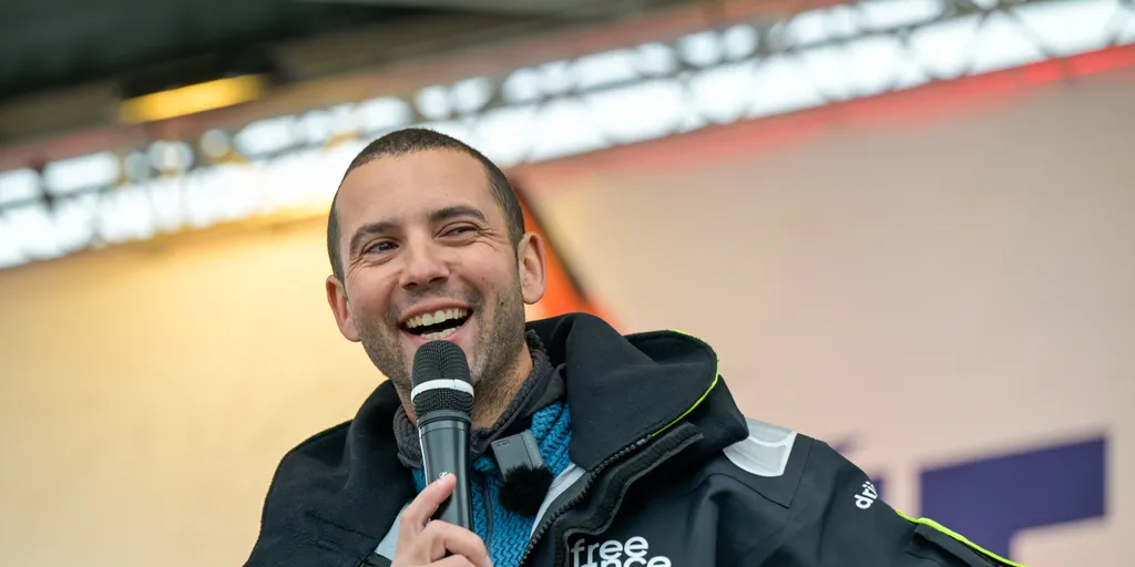 LES SABLES D’OLONNE, FRANCE - FEBRUARY 08, 2025 : Freelance.com skipper Guirec Soudée (FRA) is photographed on stage after taking 23rd place in the Vendee Globe, on February 08, 2025 in Les Sables d'Olonne, France - (Photo by Olivier Blanchet / Alea)