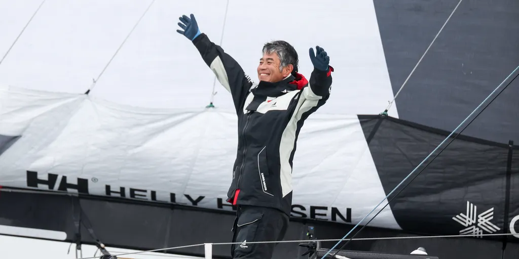 LES SABLES D'OLONNE, FRANCE - 09 FEVRIER 2025 : Le skipper de DMG MORI Global One Kojiro Shiraishi (JAP) est photographié après avoir pris la 24e place du Vendée Globe, le 09 février 2025 aux Sables d'Olonne, France - (Photo by Jean-Marie Liot / Alea)