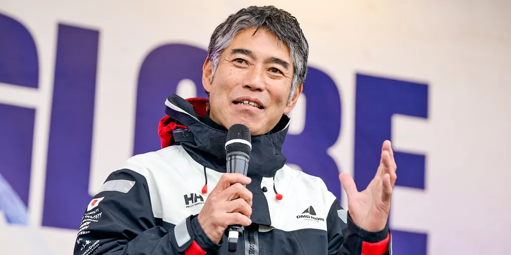 LES SABLES D’OLONNE, FRANCE - FEBRUARY 09, 2025 : DMG MORI Global One skipper Kojiro Shiraishi (JAP) is photographed after taking 24th place in the Vendee Globe, on February 09, 2025 in Les Sables d'Olonne, France - (Photo by Olivier Blanchet / Alea)