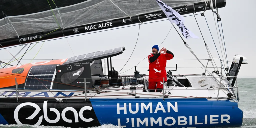 LES SABLES D’OLONNE, FRANCE - FEBRUARY 14, 2025 : HUMAN Immobilier skipper Antoine Cornic (FRA) is photographed taking 28th place in the Vendee Globe, on February 14, 2025 in Les Sables d'Olonne, France - (Photo by Jean-Louis Carli / Alea)
