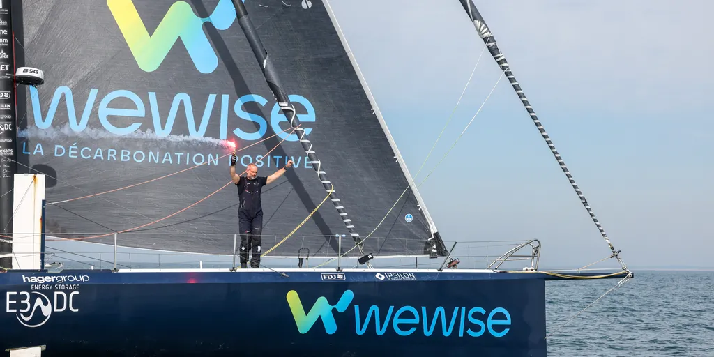 LES SABLES D’OLONNE, FRANCE - MARCH 04, 2025 : Nexans - Wewise skipper Fabrice Amedeo (FRA) is celebrating taking 32nd place in the Vendee Globe, on March 04, 2025 in Les Sables d'Olonne, France - (Photo by Jean-Marie Liot / Alea)