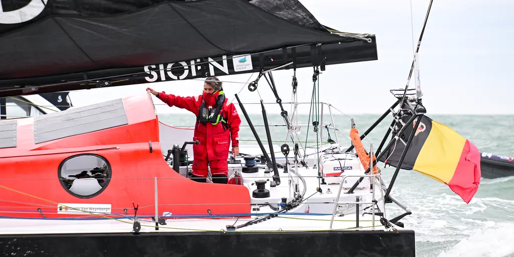 LES SABLES D’OLONNE, FRANCE - MARCH 08, 2025 : D’Ieteren Group skipper Denis Van Weynbergh (BEL) is photographed taking last place in the Vendee Globe, 1 day after the finish line had been closed sport-wise, hence not being classified, on March 08, 2025 in Les Sables d'Olonne, France - (Photo by Vincent Curutchet / Alea)