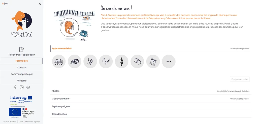 Screenshot of Ifremer’s Fish & Click form for reporting lost or abandoned fishing gear, showing the choice of gear type.