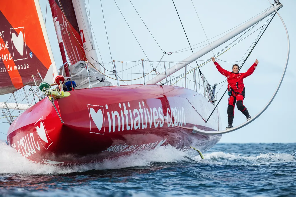 LORIENT, FRANCE - APRIL 17 2024 : British skipper Sam Davies on Imoca Initiatives Coeur is portraited during training, on April 17, 2024 off Lorient, France. (Photo by Jean-Louis Carli/ALeA)

