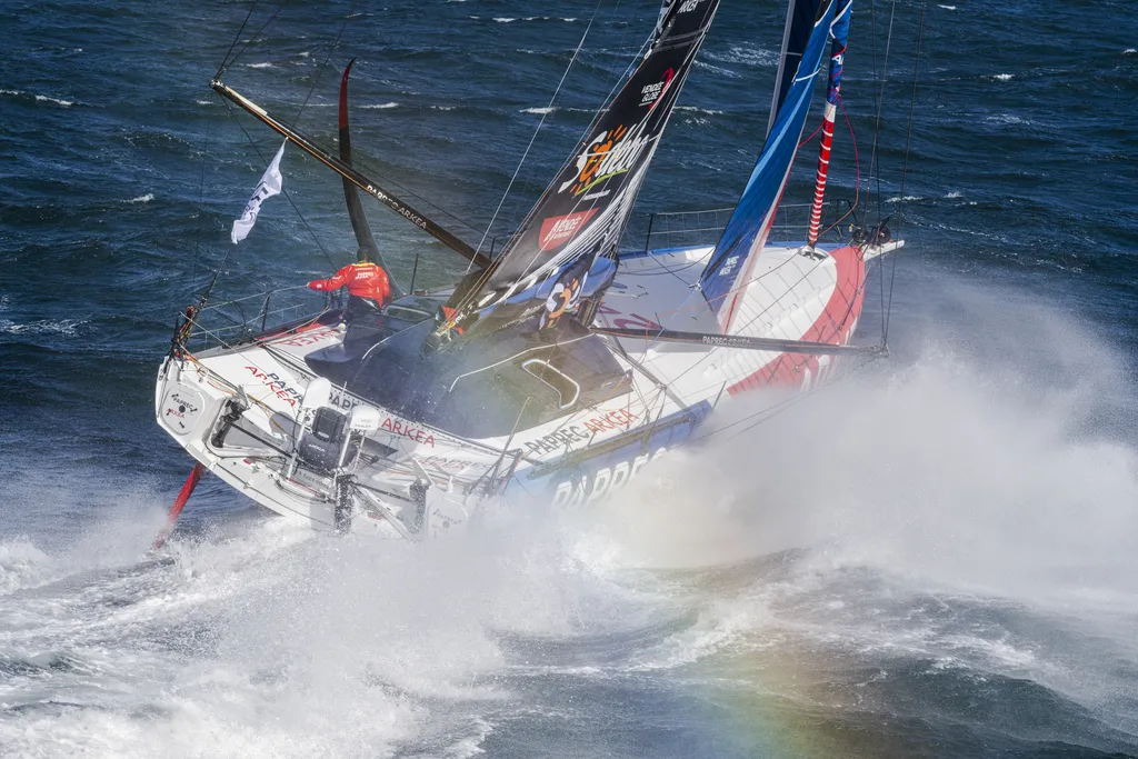 INCONNU - 9 AVRIL 2024 : Yoann Richomme (FRA), skipper du Paprec Arkéa, est photographié le 9 avril 2024, au large d'Inconnu, en France. (Photo Eloi Stichelbaut / Polaryse)