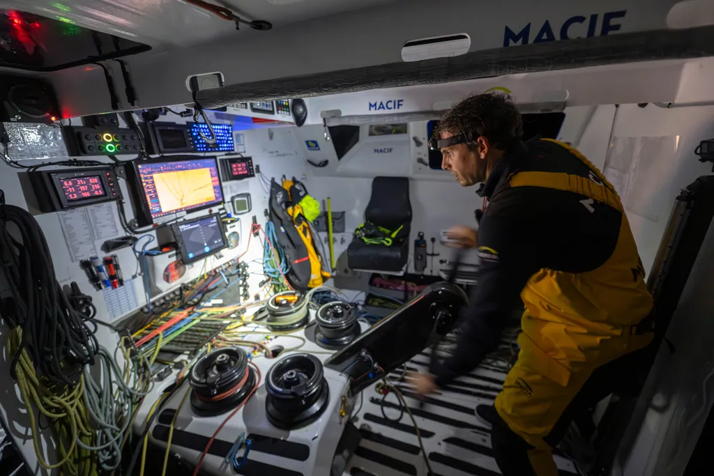 LORIENT, FRANCE - OCTOBER 7, 2024 : MACIF Santé Prévoyance skipper Charlie Dalin (FRA) is pictured training on October 7, 2024 in Lorient, France - Photo by Ronan Gladu / Disobey / Macif