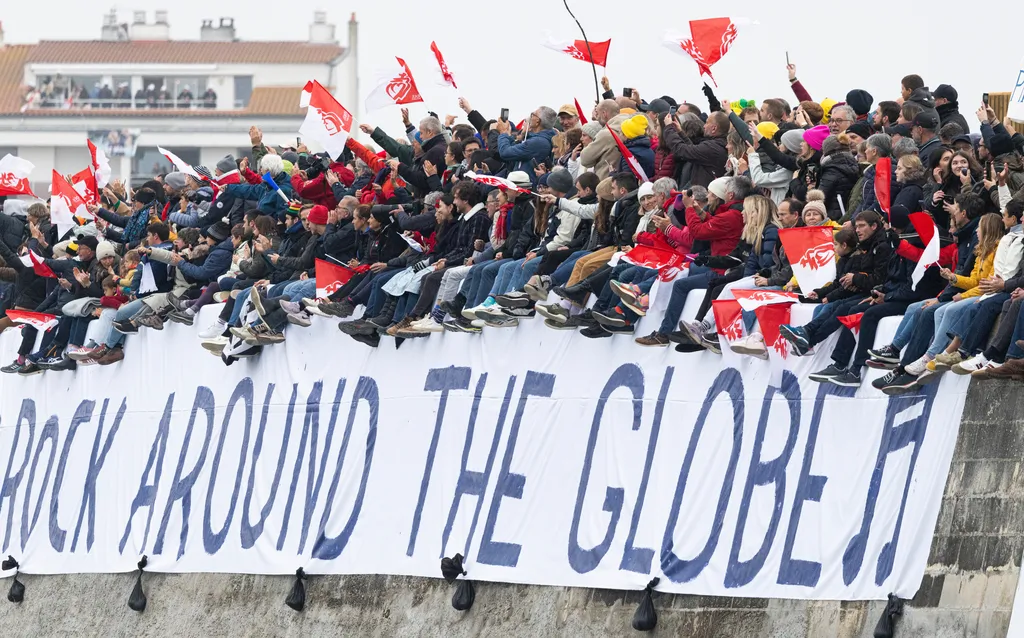 LES SABLES D'OLONNE, FRANCE - NOVEMBER 10, 2024: A group of fans is photographed in the channel before start of the Vendee Globe, on November 10, 2024 in Les Sables d'Olonne, France - (Photo by Mark Lloyd / Alea)