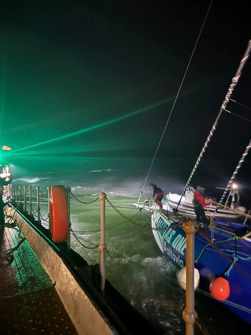 FALKLAND ISLANDS, JANUARY 12, 2025 : Photo of the boat STAND AS ONE - Altavia skipper Eric Bellion (FRA), arriving in Port Stanley, Falkland Islands, after retiring from the Vendee Globe sailing race, on January 12, 2025. (Photo by Team STAND AS ONE - Altavia)