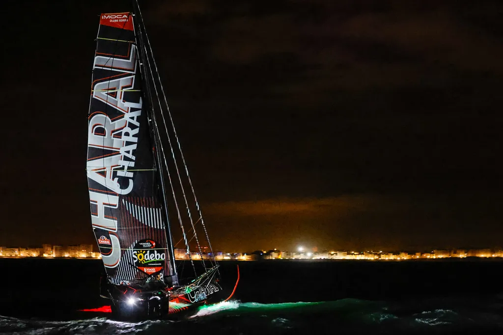 LES SABLES D'OLONNE, FRANCE - JANUARY 24, 2025 : Charal skipper Jérémie Beyou (FRA) is photographed crossing the line to take 4th place in the Vendee Globe, on January 24, 2025 in Les Sables d'Olonne, France - (Photo by Anne Beauge / Alea)