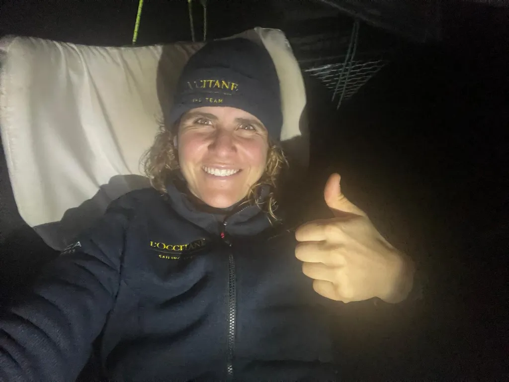 RACE, JANUARY 27, 2025 : Photo sent from the boat L’Occitane en Provence after crossing he line, to celebrate 11th place in the Vendee Globe sailing race on January 27, 2025. (Photo by skipper Clarisse Crémer)
