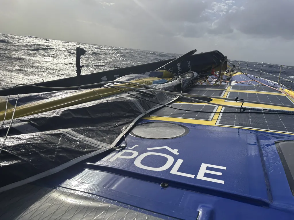 COURSE, 30 JANVIER 2025 : Photo envoyée depuis le bateau La Mie Caline lors de la course à la voile du Vendée Globe le 30 janvier 2025. (Photo du skipper Arnaud Boissières) Bateau démâté