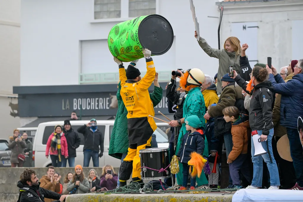 LES SABLES D'OLONNE, FRANCE - JANUARY 31, 2025 : GUYOT Environnement - Water Family skipper Benjamin Dutreux (FRA)) is celebrating in the channel after taking 10th place in the Vendee Globe, on January 31, 2025 in Les Sables d'Olonne, France - (Photo by Olivier Blanchet / Alea)