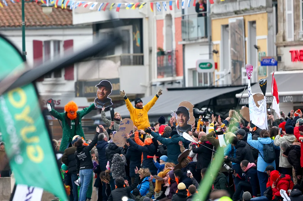 LES SABLES D'OLONNE, FRANCE - JANUARY 31, 2025 : GUYOT Environnement - Water Family skipper Benjamin Dutreux (FRA)) is celebrating in the channel after taking 10th place in the Vendee Globe, on January 31, 2025 in Les Sables d'Olonne, France - (Photo by Lloyd Images / Alea)