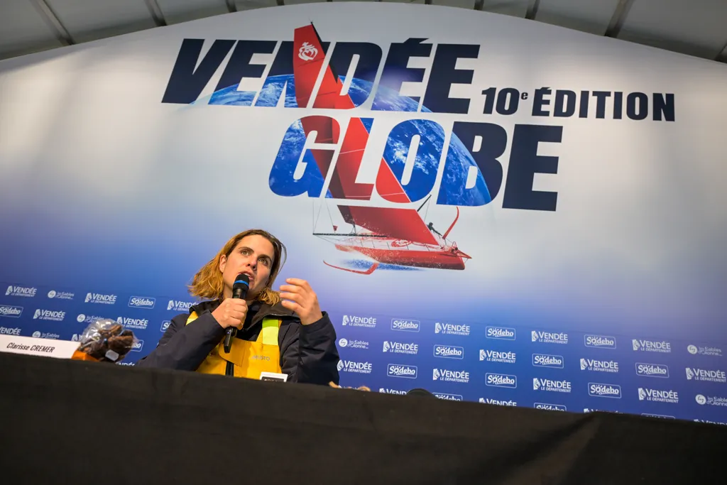 LES SABLES D’OLONNE, FRANCE - FEBRUARY 01, 2025 : L’Occitane en Provence skipper Clarisse Crémer (FRA) is photographed during her press conference after taking 11th place in the Vendee Globe, on February 01, 2025 in Les Sables d'Olonne, France - (Photo by Olivier Blanchet / Alea)
