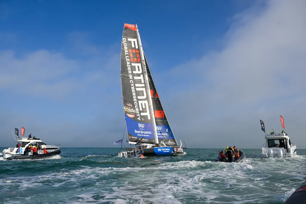 LES SABLES D’OLONNE, FRANCE - FEBRUARY 02, 2025 : Fortinet - Best Western skipper Romain Attanasio (FRA) is photographed after taking 14th place in the Vendee Globe, on February 02, 2025 in Les Sables d'Olonne, France - (Photo by Olivier Blanchet / Alea)