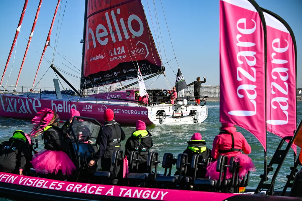 LES SABLES D’OLONNE, FRANCE - FEBRUARY 03, 2025 : Lazare skipper Tanguy Le Turquais (FRA) is photographed after taking 17th place in the Vendee Globe, on February 03, 2025 in Les Sables d'Olonne, France - (Photo by Jean-Louis Carli / Alea)