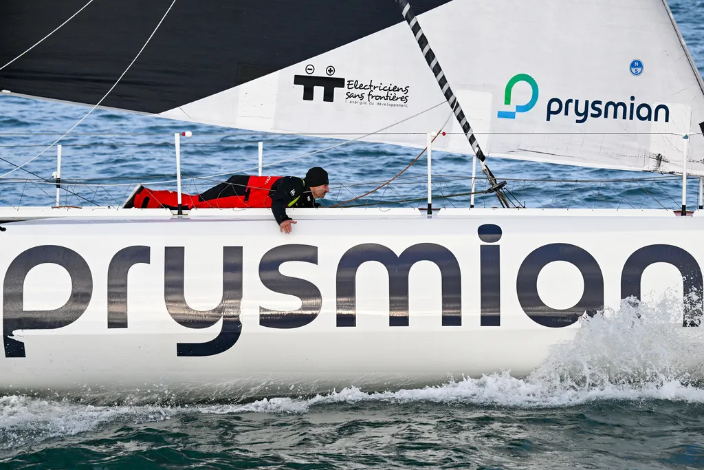 LES SABLES D’OLONNE, FRANCE - FEBRUARY 04, 2025 : Prysmian skipper Giancarlo Pedote (ITA) is photographed in the channel after taking 22nd place in the Vendee Globe, on February 04, 2025 in Les Sables d'Olonne, France - (Photo by Jean-Louis Carli / Alea)