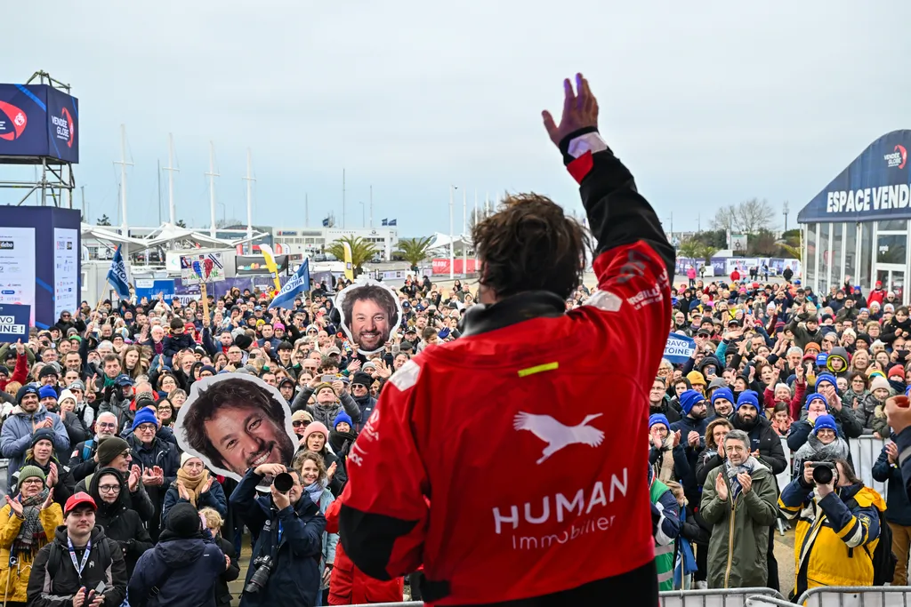 LES SABLES D’OLONNE, FRANCE - FEBRUARY 14, 2025 : HUMAN Immobilier skipper Antoine Cornic (FRA) is photographed on stage after taking 28th place in the Vendee Globe, on February 14, 2025 in Les Sables d'Olonne, France - (Photo by Jean-Louis Carli / Alea)